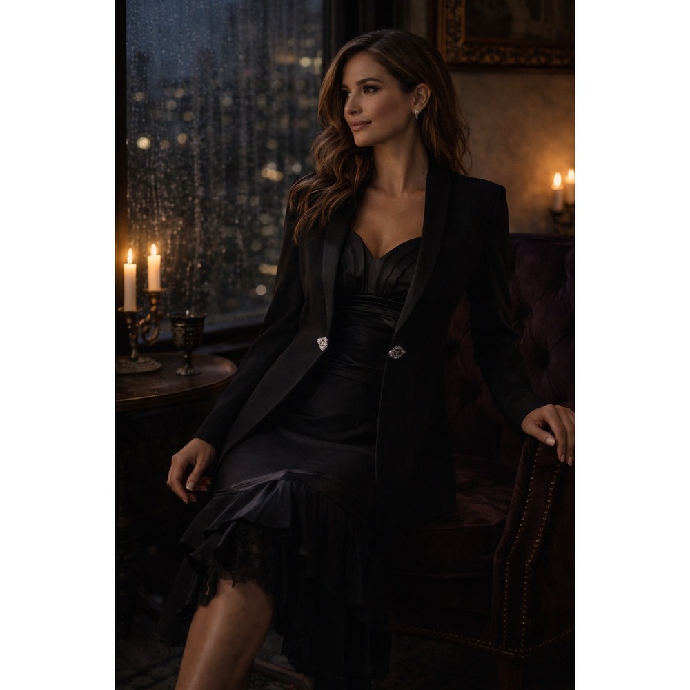 Champagne Italy Black Evening‎ Dress & Jacket Set Size 14 Ruffle Hem Black-Tie